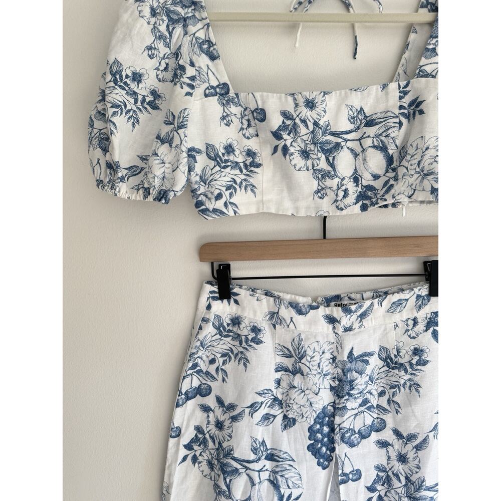 Reformation Jonas Linen 2 Piece Skirt Top Floral Sz 6 Blue White Set Resort - Picture 6 of 16